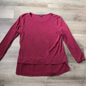 Women’s J.Crew Mercantile high low Red Burgundy Sheer Bottom long sleeve